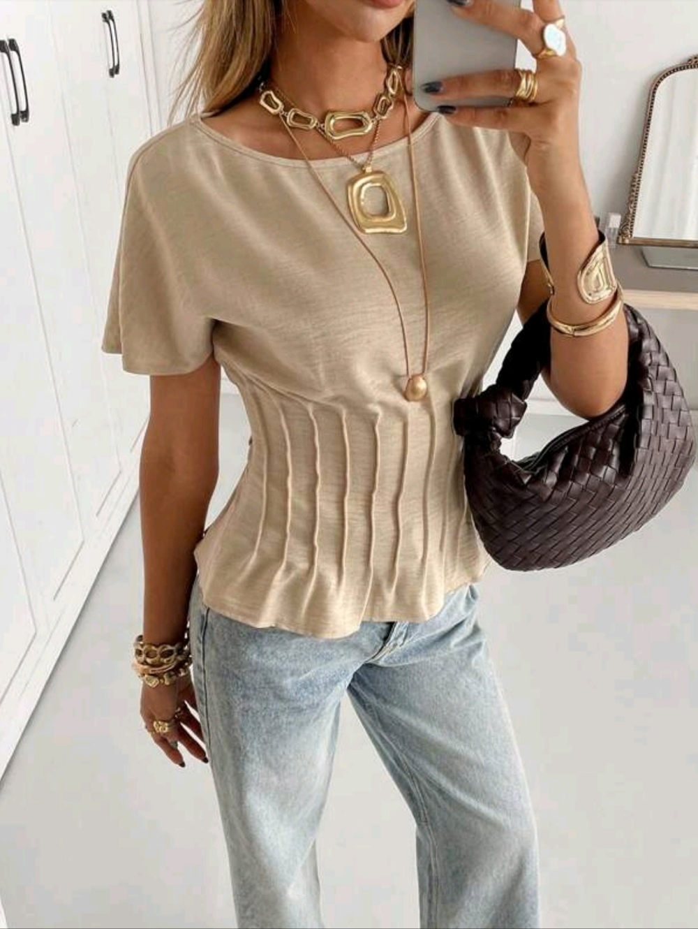 Women's Beige Pleated Waist Short Sleeve Top - Picture 6 of 6